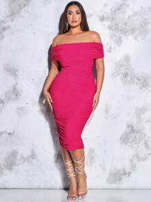 SHEIN BAE Plus Off Shoulder Ruched Side Bodycon Glitter Dress - Hot Pink - View 4