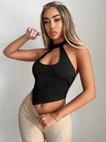 SHEIN ICON 前鏤空頭巾下擺繞頸短上衣 - 黑色 - 查看 4