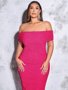 SHEIN BAE Plus Off Shoulder Ruched Side Bodycon Glitter Dress - Hot Pink - View 5
