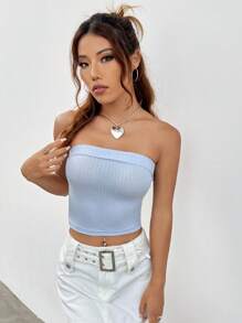 SHEIN EZwear 素色條紋針織抹胸上衣 - 淺藍色 - 查看 4