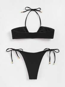Halter Tie Side Bikini Set For Summer Beach - Black - View 2