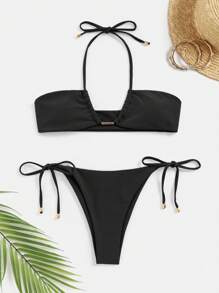 Halter Tie Side Bikini Set For Summer Beach - Black - View 3