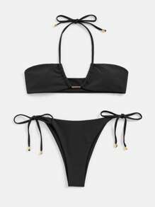 Halter Tie Side Bikini Set For Summer Beach - Black - View 4