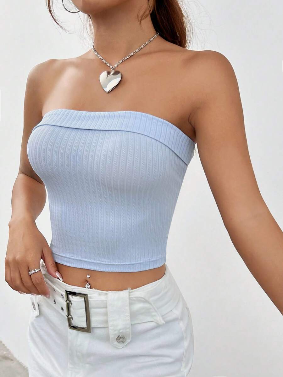 SHEIN EZwear 素色條紋針織抹胸上衣 - 淺藍色 - 查看 1