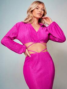 SHEIN BAE Lantern Sleeve Crisscross Tie Back Crop Blouse - Hot Pink - View 4