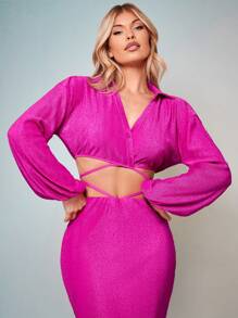 SHEIN BAE Lantern Sleeve Crisscross Tie Back Crop Blouse - Hot Pink - View 3