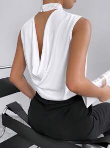 SHEIN Privé Draped Backless Mock Neck Sleeveless Blouse - White - View 1