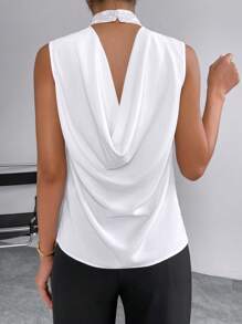 SHEIN Privé Draped Backless Mock Neck Sleeveless Blouse - White - View 2
