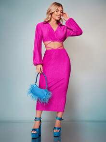 SHEIN BAE Lantern Sleeve Crisscross Tie Back Crop Blouse - Hot Pink - View 6