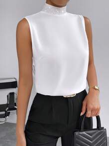 SHEIN Privé Draped Backless Mock Neck Sleeveless Blouse - White - View 4
