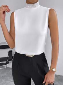 SHEIN Privé Draped Backless Mock Neck Sleeveless Blouse - White - View 5