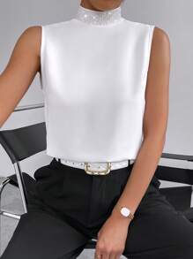 SHEIN Privé Draped Backless Mock Neck Sleeveless Blouse - White - View 7