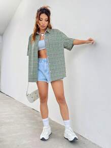 SHEIN EZwear Plaid Print Drop Shoulder Shirt Without Tank Top - Multicolor - View 3