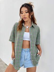 SHEIN EZwear Plaid Print Drop Shoulder Shirt Without Tank Top - Multicolor - View 4