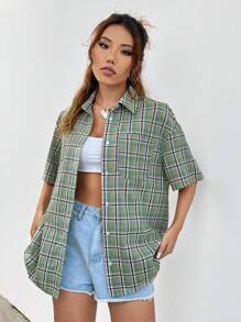 SHEIN EZwear Plaid Print Drop Shoulder Shirt Without Tank Top - Multicolor - View 5