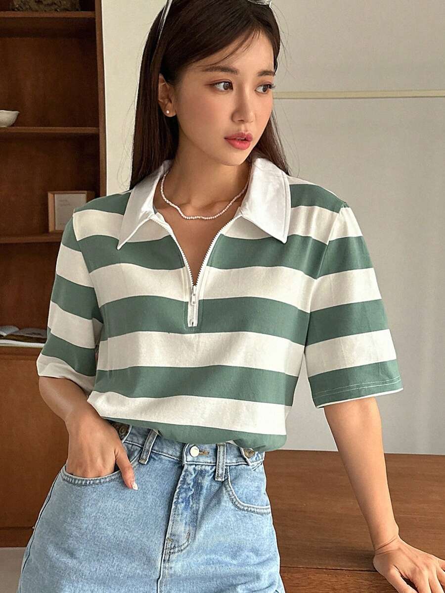 DAZY Striped Print Half Zip Tee - Multicolor - View 1