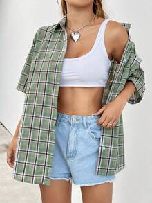 SHEIN EZwear Plaid Print Drop Shoulder Shirt Without Tank Top - Multicolor - View 6