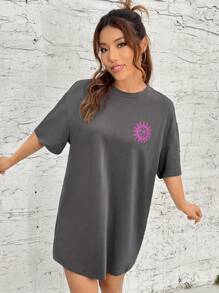 SHEIN EZwear 太陽和蝴蝶圖案落肩T恤連衣裙 - 深灰色 - 查看 4