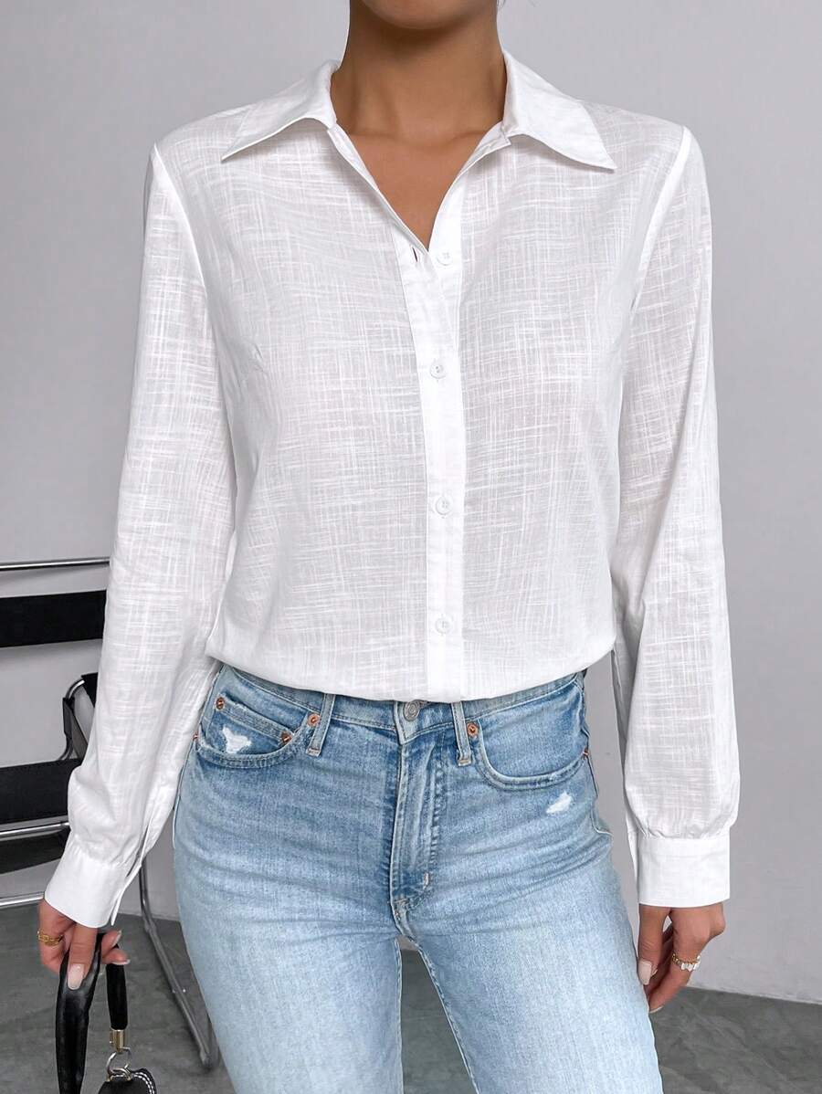 SHEIN Essnce Áo sơ mi nữ Hem thô Nút phía trước màu trơn Giải trí - trắng - Xem 1