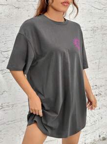 SHEIN EZwear 太陽和蝴蝶圖案落肩T恤連衣裙 - 深灰色 - 查看 5