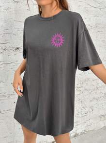 SHEIN EZwear 太陽和蝴蝶圖案落肩T恤連衣裙 - 深灰色 - 查看 2