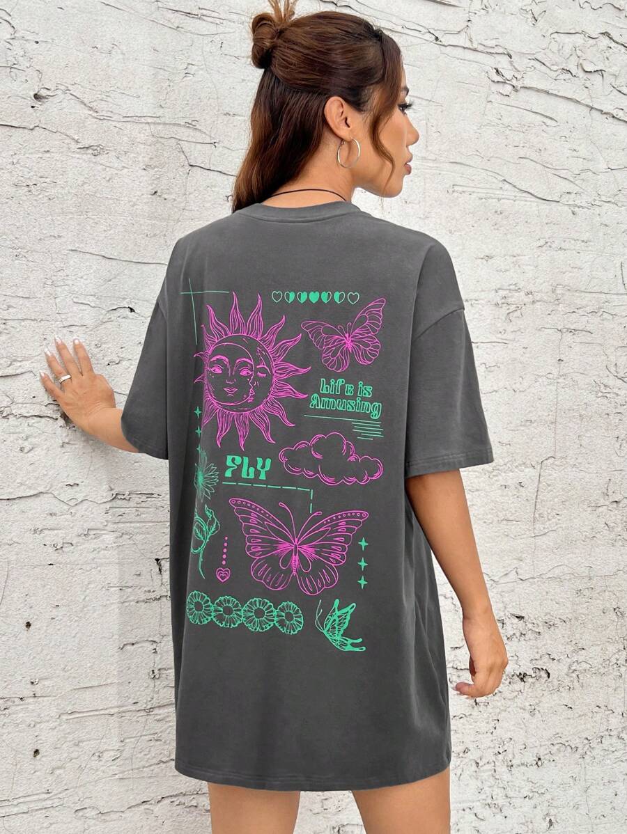 SHEIN EZwear 太陽和蝴蝶圖案落肩T恤連衣裙 - 深灰色 - 查看 1