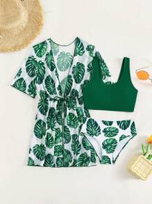 SHEIN Ensemble de bikini à imprimé tropical pour préados avec kimono, plage d'été