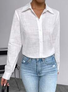 SHEIN Essnce Áo sơ mi nữ Hem thô Nút phía trước màu trơn Giải trí - trắng - Xem 5