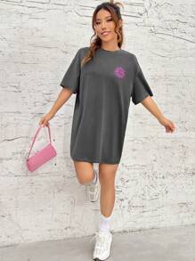 SHEIN EZwear 太陽和蝴蝶圖案落肩T恤連衣裙 - 深灰色 - 查看 6