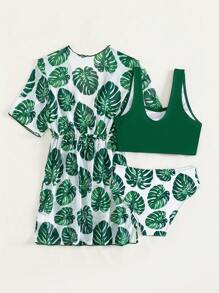 SHEIN Ensemble de bikini à imprimé tropical pour préados avec kimono, plage d'été