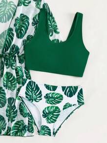 SHEIN Ensemble de bikini à imprimé tropical pour préados avec kimono, plage d'été