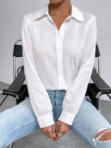 SHEIN Essnce Áo sơ mi nữ Hem thô Nút phía trước màu trơn Giải trí - trắng - Xem 7