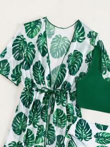 SHEIN Ensemble de bikini à imprimé tropical pour préados avec kimono, plage d'été