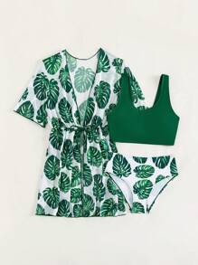 SHEIN Ensemble de bikini à imprimé tropical pour préados avec kimono, plage d'été