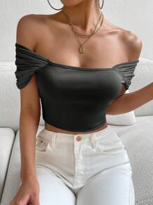 Allurite Off Shoulder Ruched Ribbed Knit Crop Tee - Black - View 1