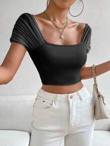 Allurite Off Shoulder Ruched Ribbed Knit Crop Tee - Black - View 3