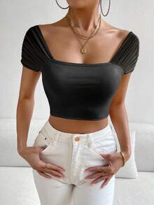 Allurite Off Shoulder Ruched Ribbed Knit Crop Tee - Black - View 5