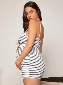 SHEIN Maternity Striped Cami Romper - White - View 2