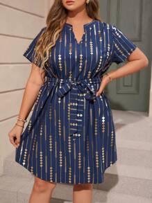 SHEIN Clasi Vestido con cinturón dorado con estampado geométrico de cuello notch - Azul Marino - Ver 3