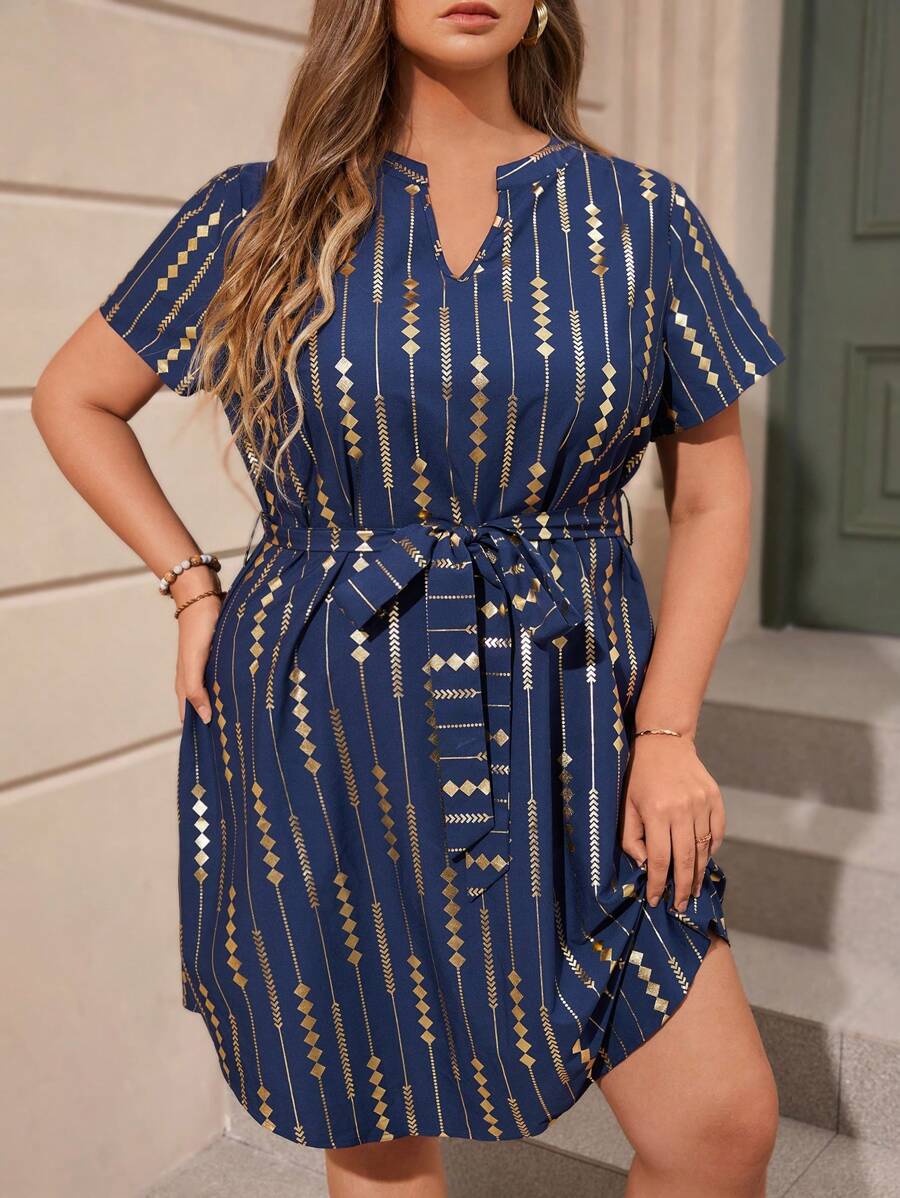 SHEIN Clasi Vestido con cinturón dorado con estampado geométrico de cuello notch - Azul Marino - Ver 1