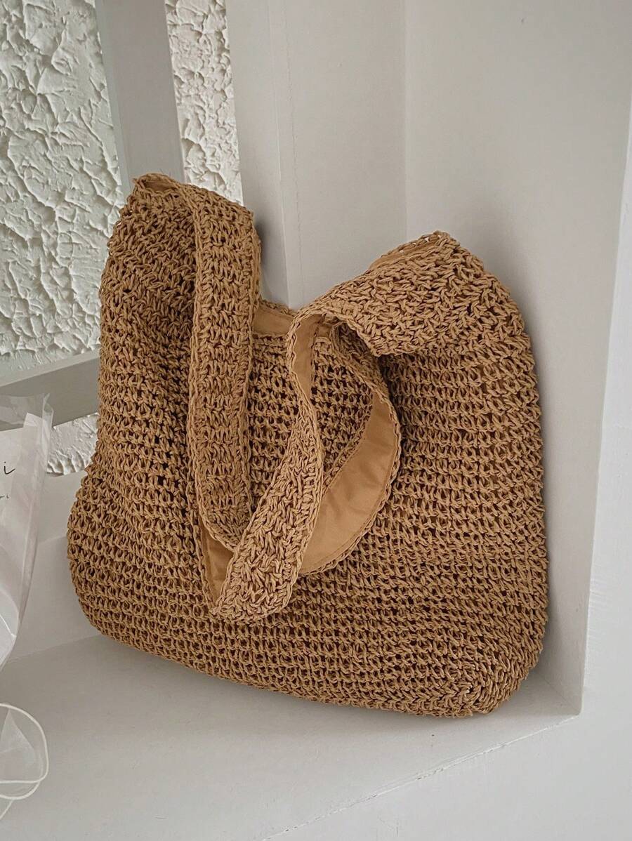 Medium Straw Bag Solid Colour Double Handle Vacation Style - Khaki - View 1