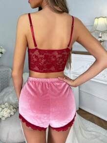 Contrast Lace Bow Front Velvet Cami Top & Shorts PJ Set / Pajama Set - Pink - View 2