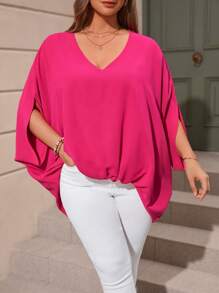 SHEIN LUNE Plus Solid Batwing Sleeve V Neck Blouse - Hot Pink - View 2