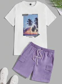 Manfinity VCAY Men Cotton Slogan & Palm Tree Print Tee & Drawstring Waist Shorts - Multicolor - View 1