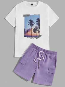 Manfinity VCAY Men Cotton Slogan & Palm Tree Print Tee & Drawstring Waist Shorts - Multicolor - View 3
