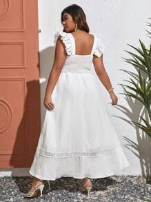 SHEIN VCAY 大碼拼接水溶蕾絲荷葉邊高衩連衣裙 - 白色 - 查看 2