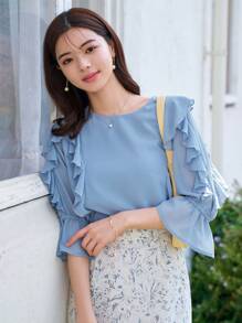 DAZY Ruffle Trim Flounce Sleeve Blouse - Blue - View 3