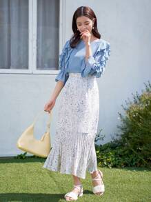 DAZY Ruffle Trim Flounce Sleeve Blouse - Blue - View 4