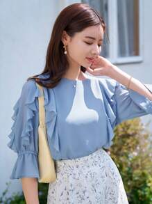 DAZY Ruffle Trim Flounce Sleeve Blouse - Blue - View 6