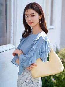 DAZY Ruffle Trim Flounce Sleeve Blouse - Blue - View 8